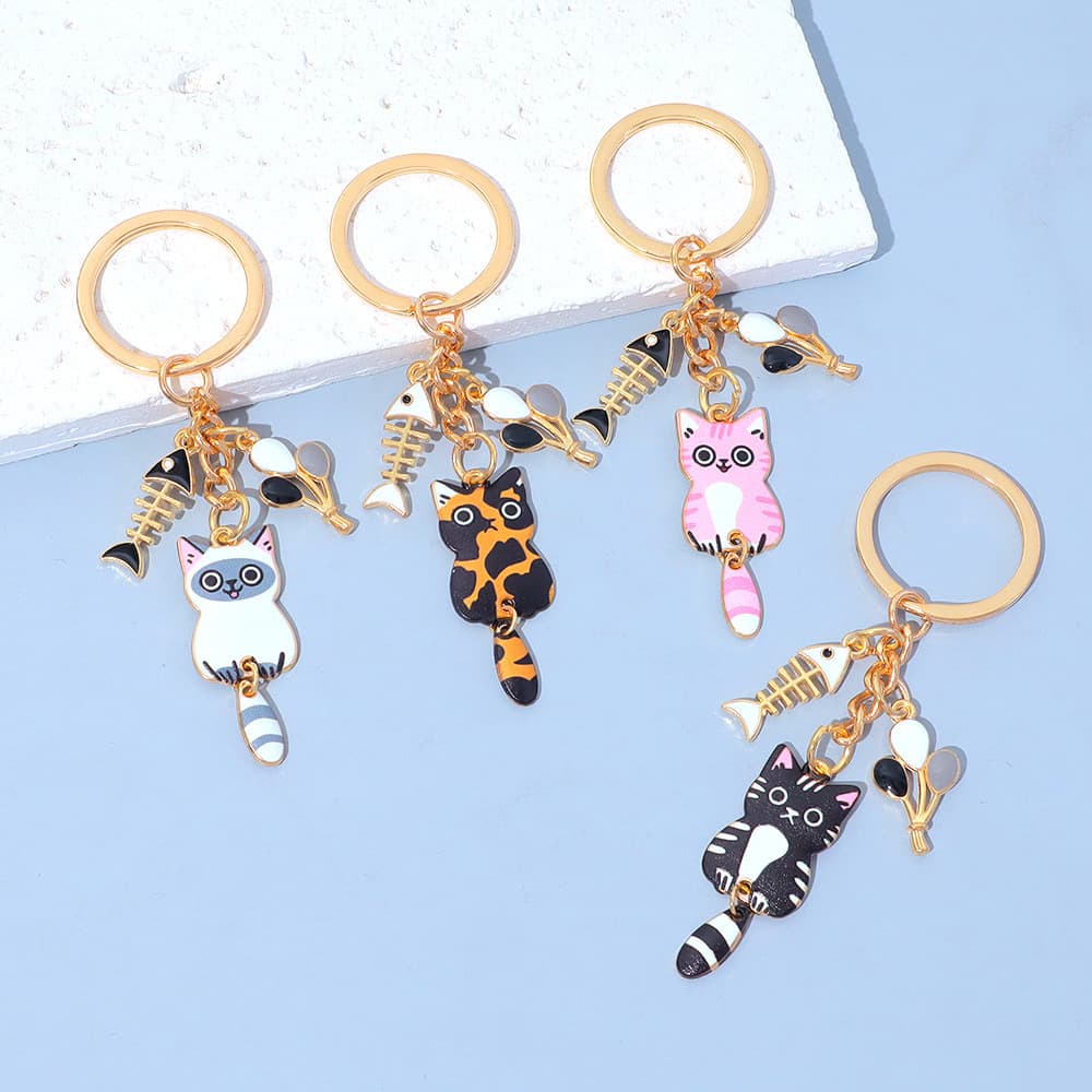 Kawaii Gato Chaveiro Metal Animal Charme Osso De Peixe Pingente Carteira Caso De Telefone Acessório