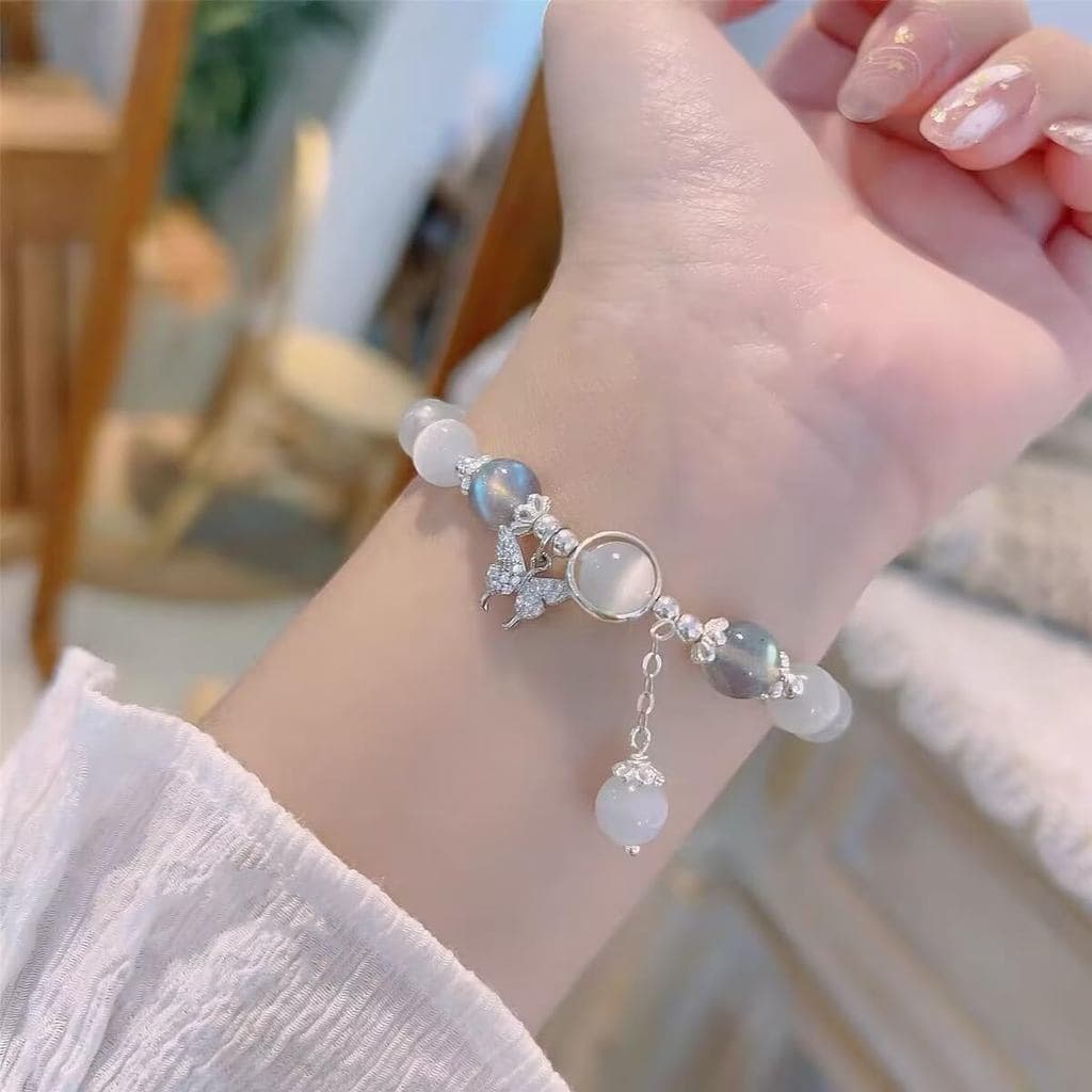 Pulseira de Pedra Olho de Gato para Mulheres, Pulseira de Cristal Cinza de Qualidade com Borboleta, Pulseira de Pedra de