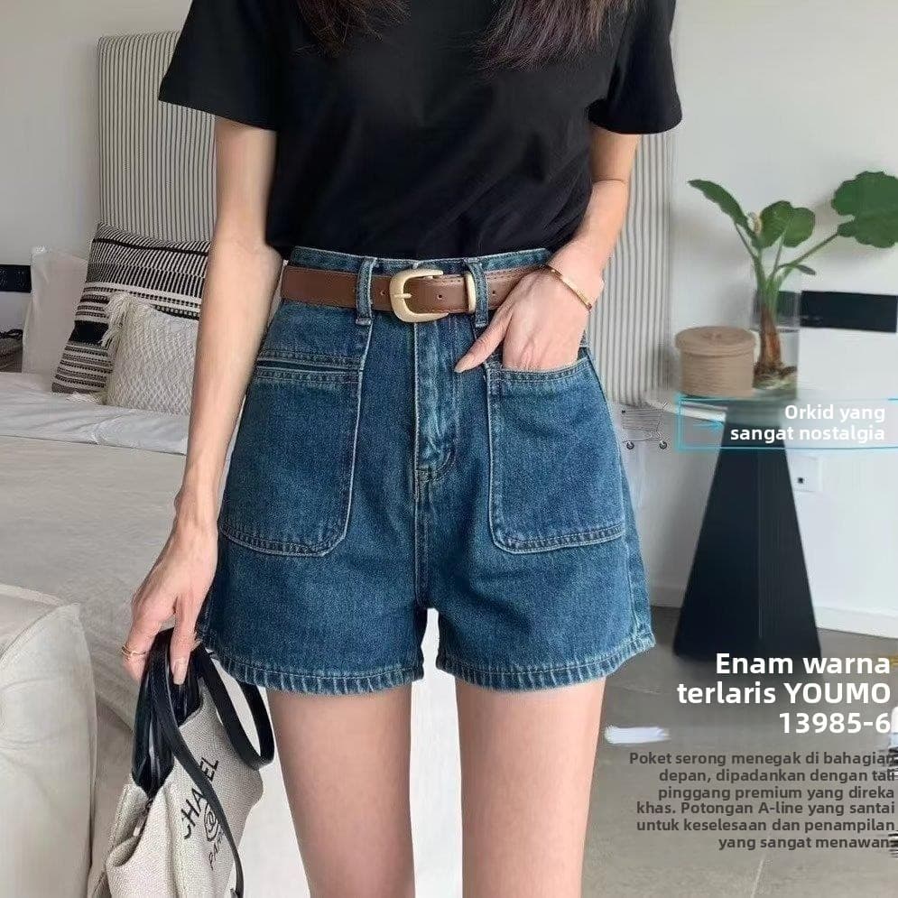 Azul lavado Retro a linha Denim Shorts feminino verão 2026 novo estilo pequeno cintura alta mais magro olhar calças quen