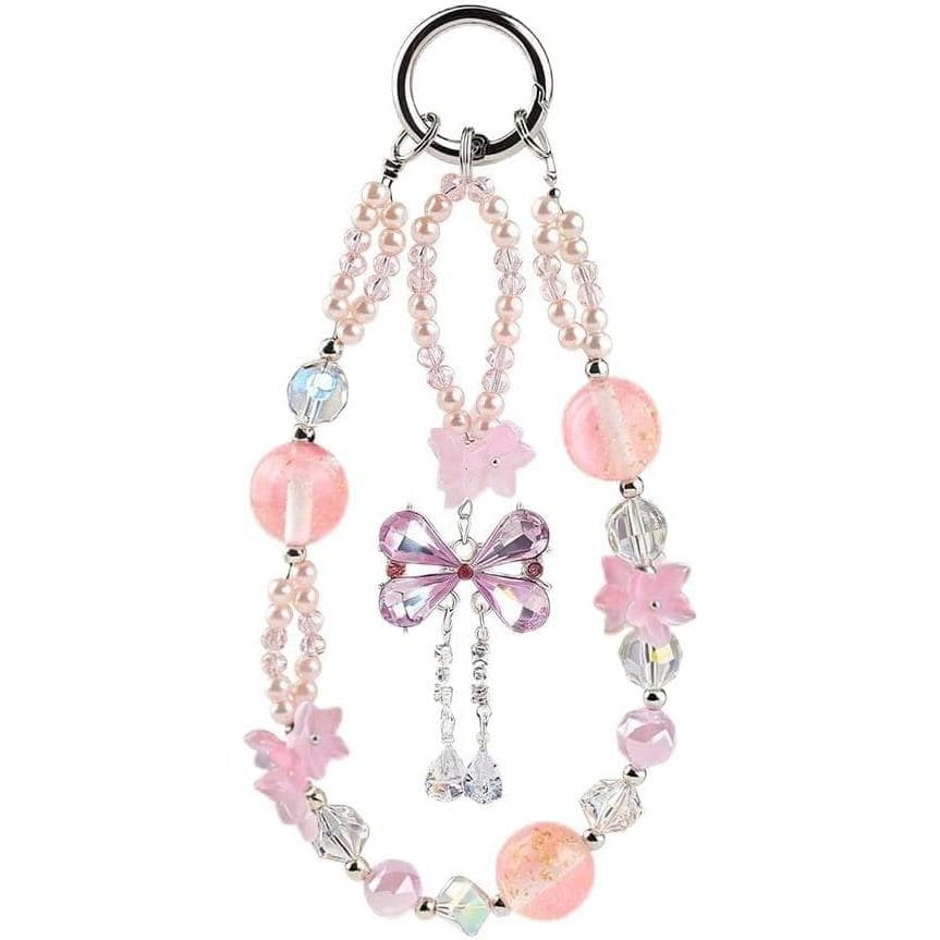 Alça de Pulso para Celular com Flor Rosa e Borboleta, Alça de Pulso com Miçangas, Chaveiro com Miçangas de Cristal Brilh