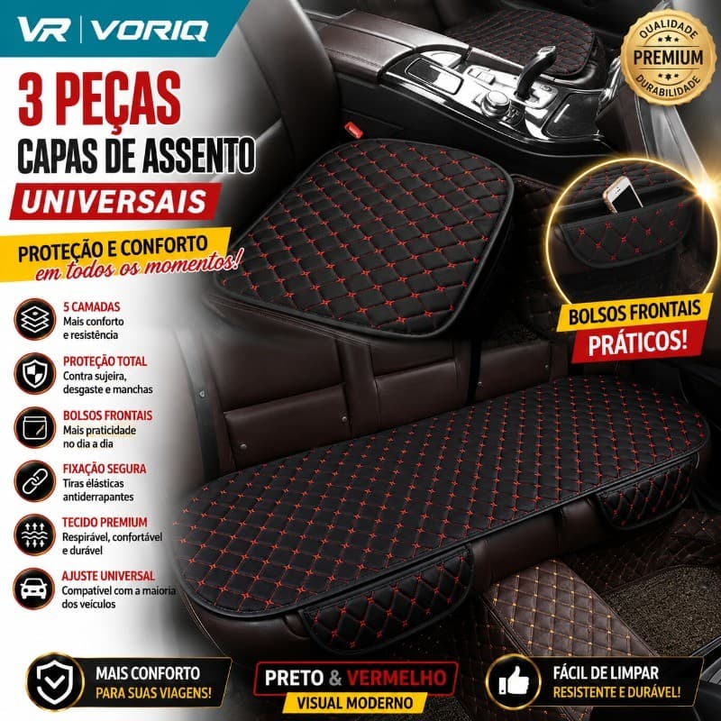 3 Pçs Capa De Assento Para Banco de Carro Almofadado Universal Confortável Em Suede Com Porta Objetos Preto Vermelho