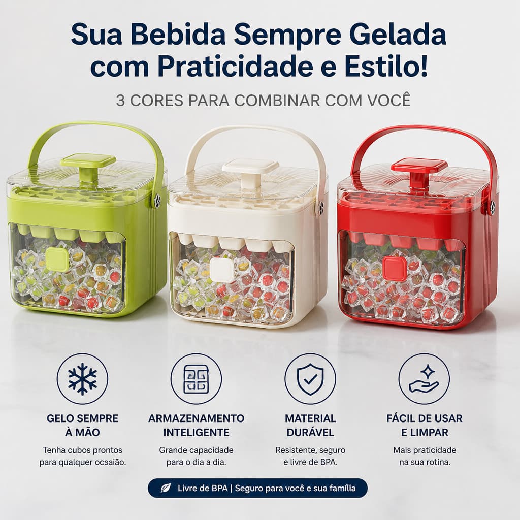 Dispenser de Gelo para 48 Cubos, Forma com Gaveta, Liberação de Gelo por Botão e Alça Portátil