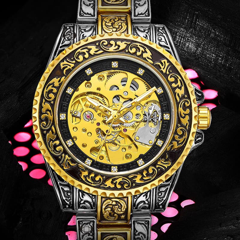 Novo estilo relógio mecânico estilo europeu americano moda masculina oco Retro gravado relógio mecânico automático