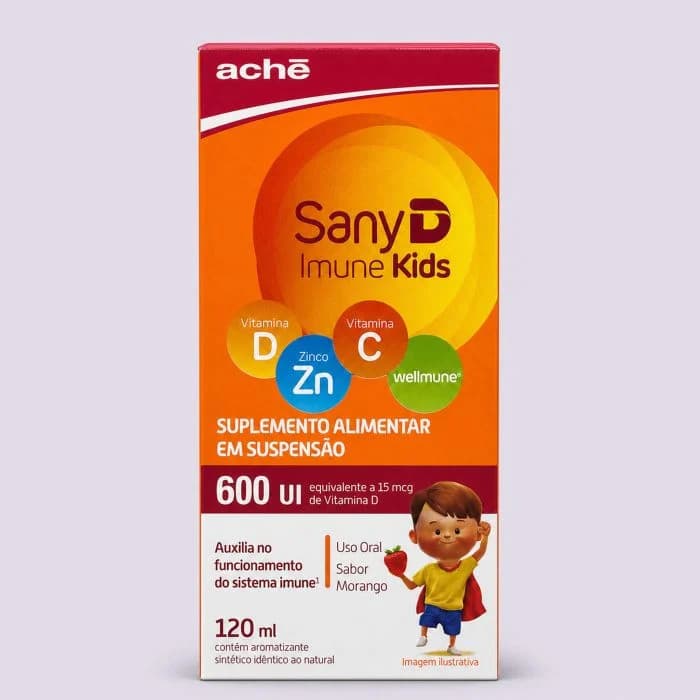 Sany D Imune Kids 120ml Vitamina D C Zinco Wellmune Sabor Morango Suplemento Infantil