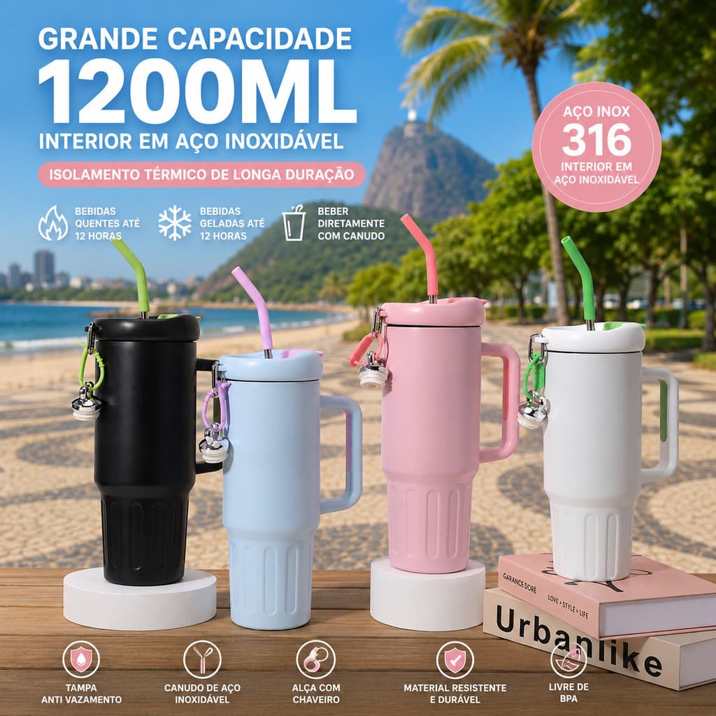 Garrafa Térmica 1200ml com Tampa e Canudo Copo Chaveiro Inox