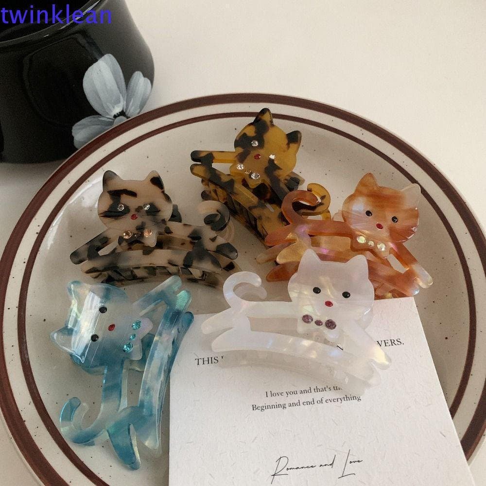 TWINKLEAN Presilha de Cabelo em Acetato com Design de Gato, Presilha de Cabelo com Strass Estilo Cartoon, Presilha de Ca