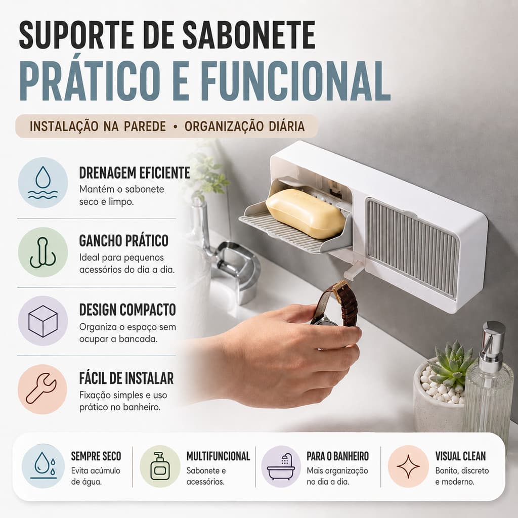 Saboneteira Com Suporte Fixação Adesiva Parede Porta Banheiro Sem Furo Para Casa