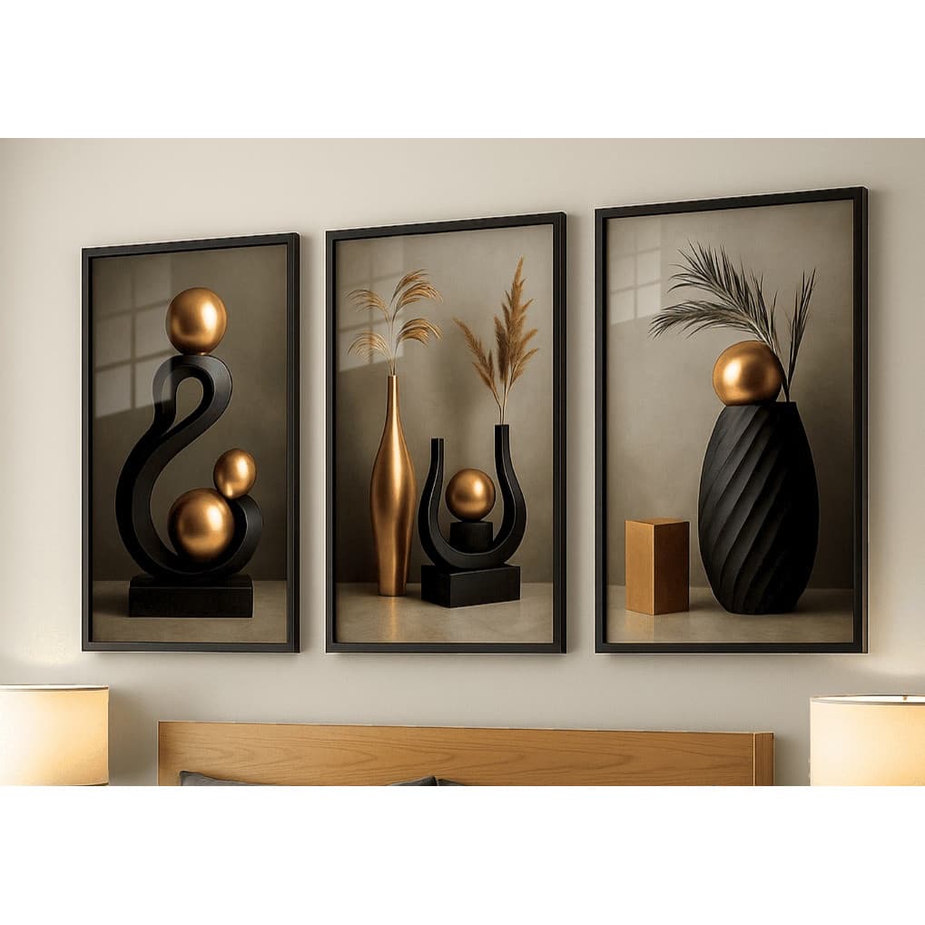 Quadros Decorativos Trio Geométrico Abstrato Moderno Luxo Sala