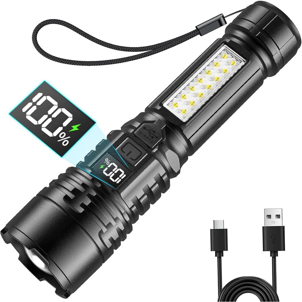 Lanternas LED Recarregáveis com Luzes Laterais e Display Digital de Energia, Lanterna Brilhante de Alto Lúmen com Zoom e