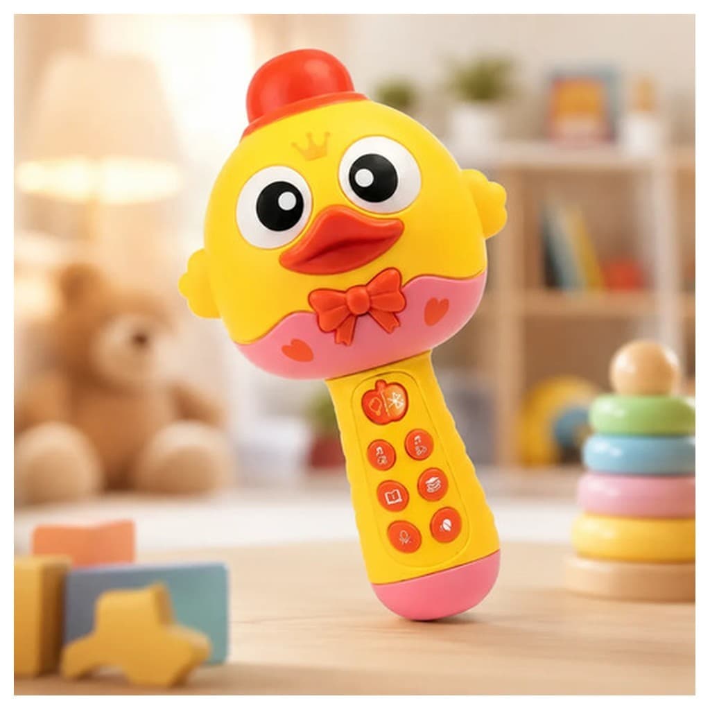 Microfone Infantil Karaokê Bluetooth Patinho Shopline História Música Efeitos Sonoros Luzes Interativo Crianças 2 à 8