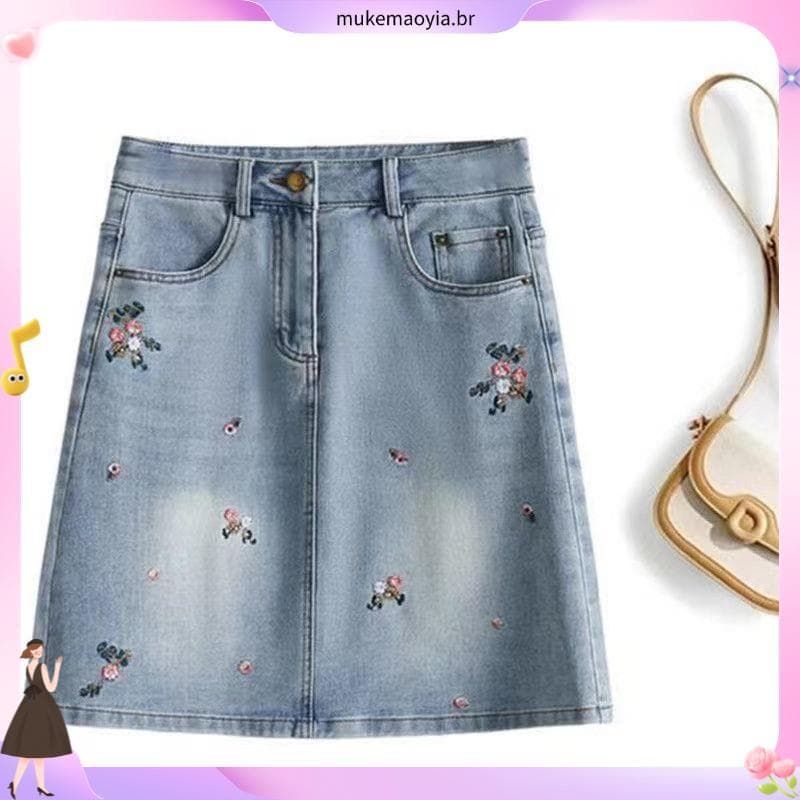Novo estilo chinês saia jeans feminina estilo fino 2025 verão novo estilo cintura alta a linha saia bordada saia quadril