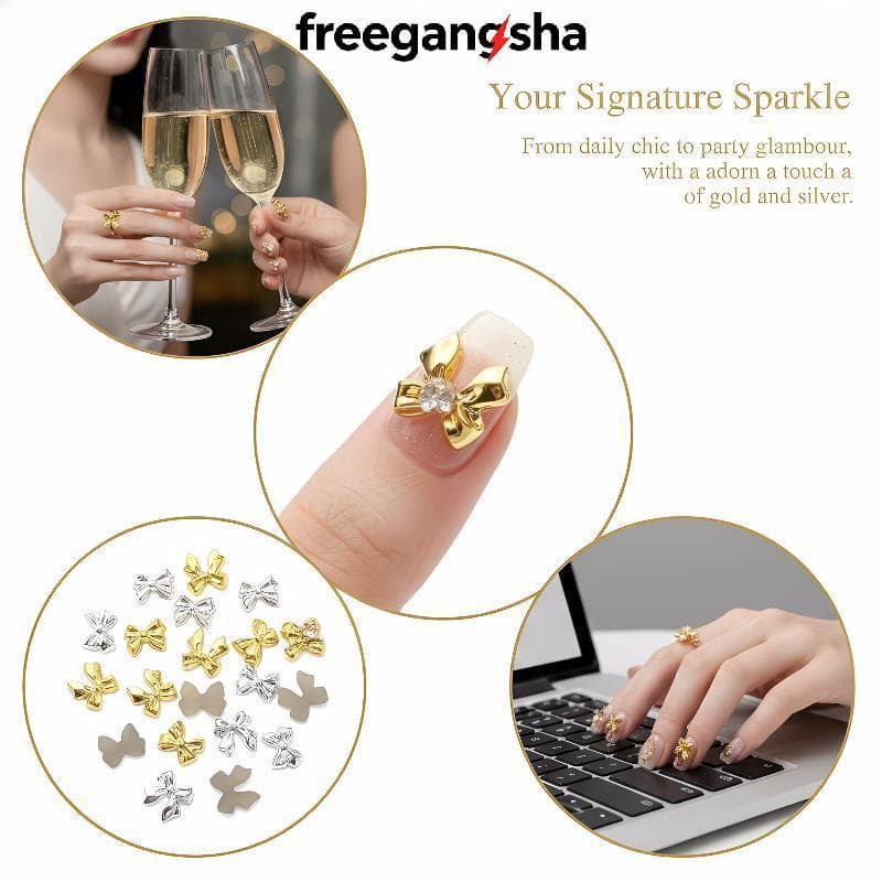 [FRE] Conjunto De Amuletos De Unhas Com Laço Dourado E Prateado , 50 Peças De Strass De Resina Para Decorações De Arte E