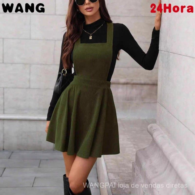 Vestido Feminino Vintage de Cor Sólida com Alças de Corduroy
