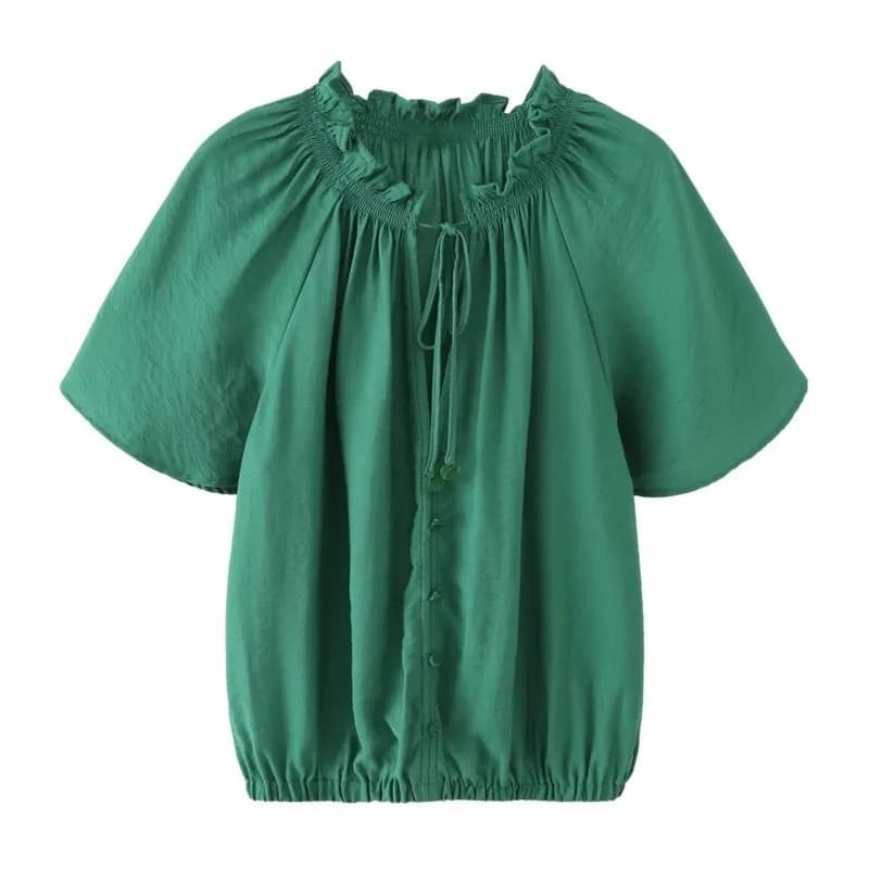 Camisa Plissada Feminina com Laço, Nova Coleção Primavera 2026, Casual, Manga Curta, Decote Redondo, Botões, Camisa e Bl