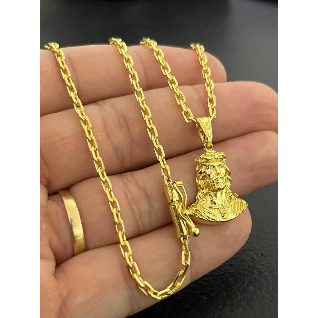 Corrente Masculina Cadeado 2mm 70cm Com Face de Cristo Banhados a Ouro