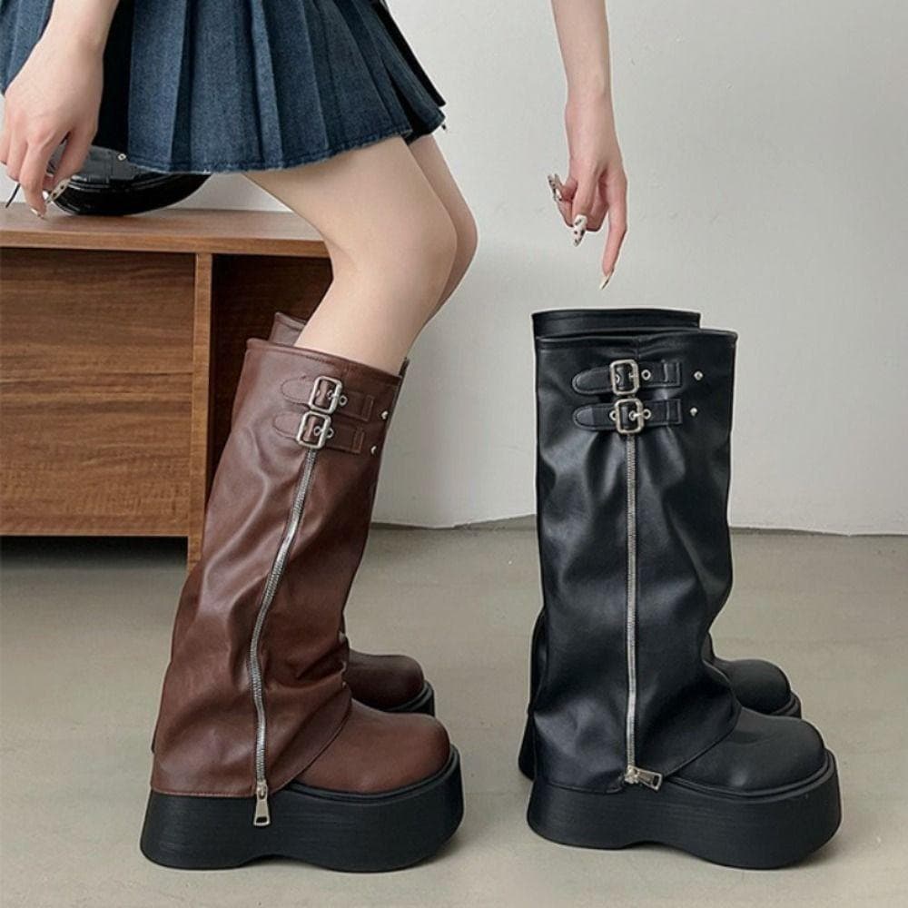 FTARLY Botas Femininas Até O Joelho , De Motociclista Com Fivela De Cinto Plataforma Longas Punk Y2K