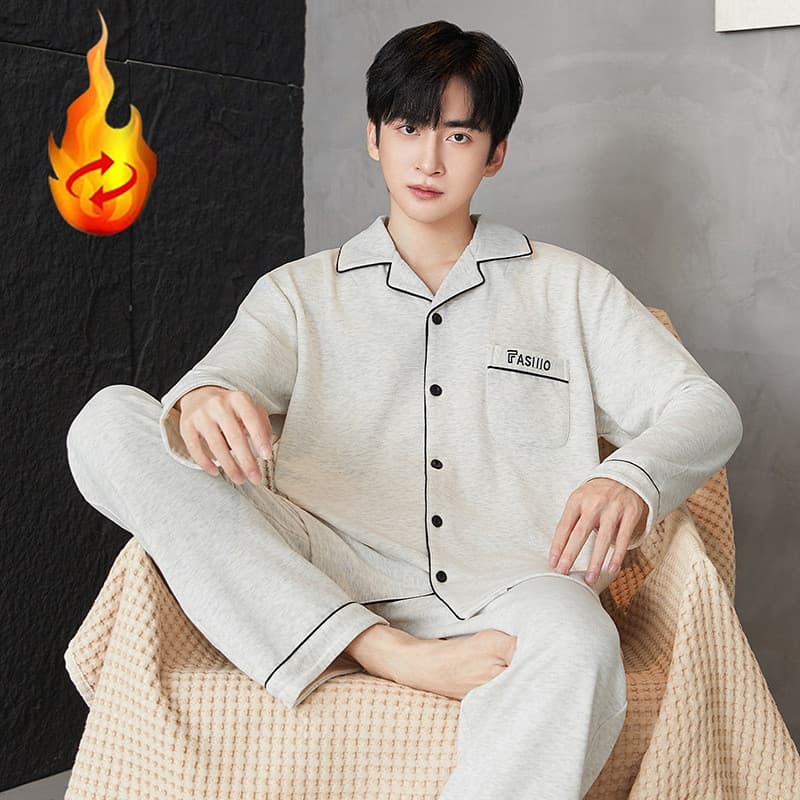Novo conjunto de pijamas de algodão de fiapos alemão masculino outono inverno fino fiapos Homewear masculino pode usar f
