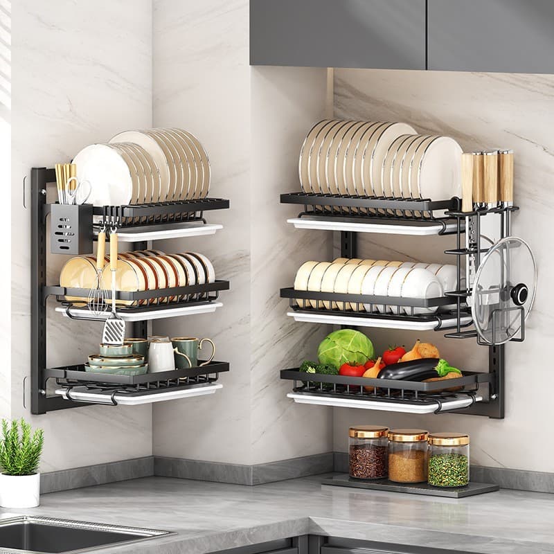 Rack De Armazenamento De Pratos De Cozinha Montado Na Parede-Organizador De Louças De Drenagem Multicamadas Para Casa