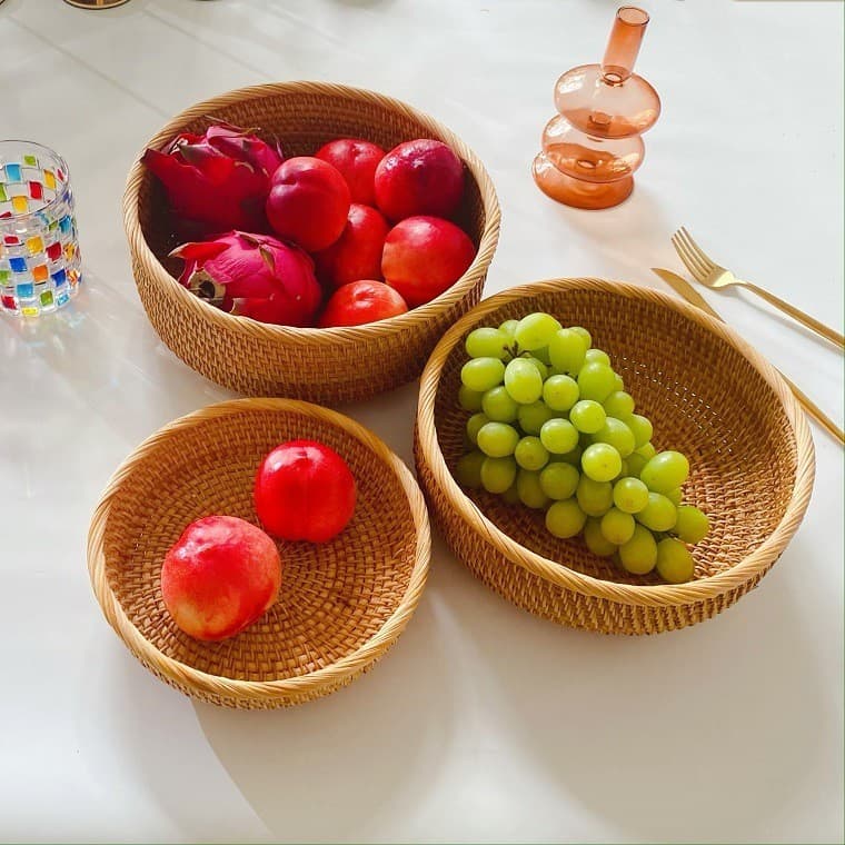 Prato de frutas de Rattan redondo Retro casa prato de frutas criativo cesta de frutas lanches doces pão cesta de armazen