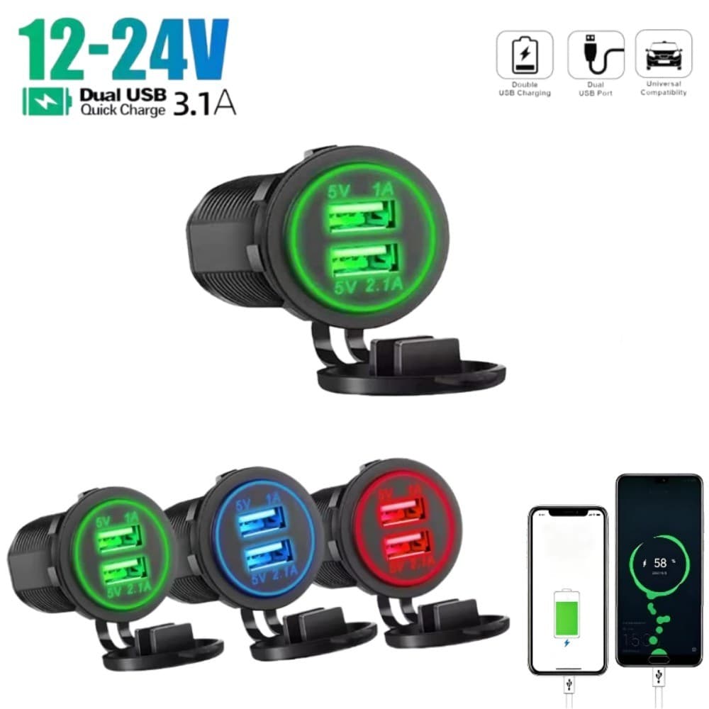 Carregador De Carro USB Duplo 5V 3.1A 12V-24V Com Painel Adaptador De Energia À Prova D'água Tomada Para Veículo Barco C