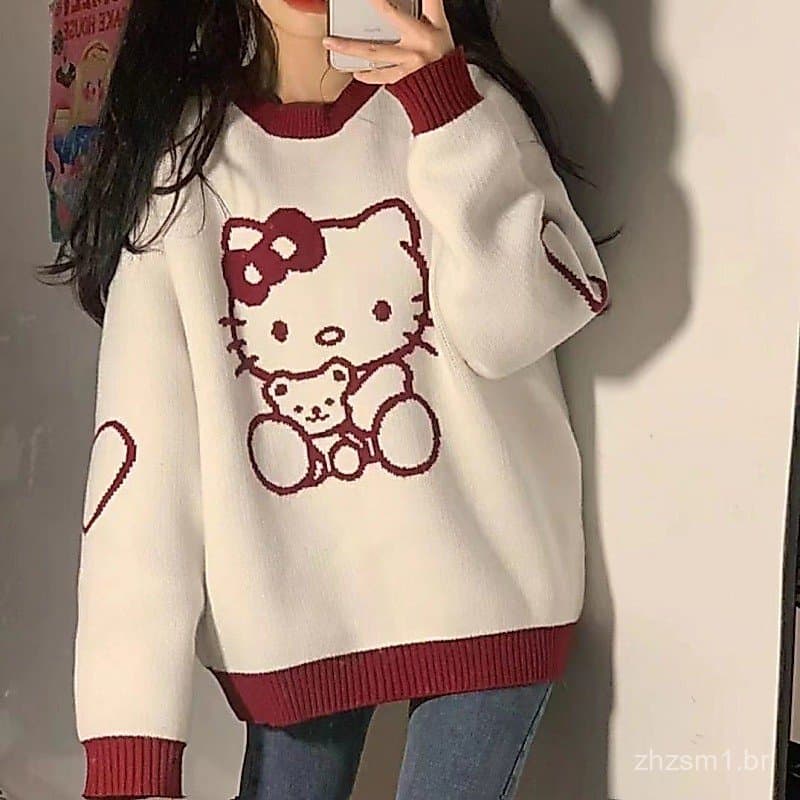 Outono e Inverno, Novo Estilo Universitário com Desenho Animado, Bordado de Gato, para Mulheres Estudantes, Solto, Macio