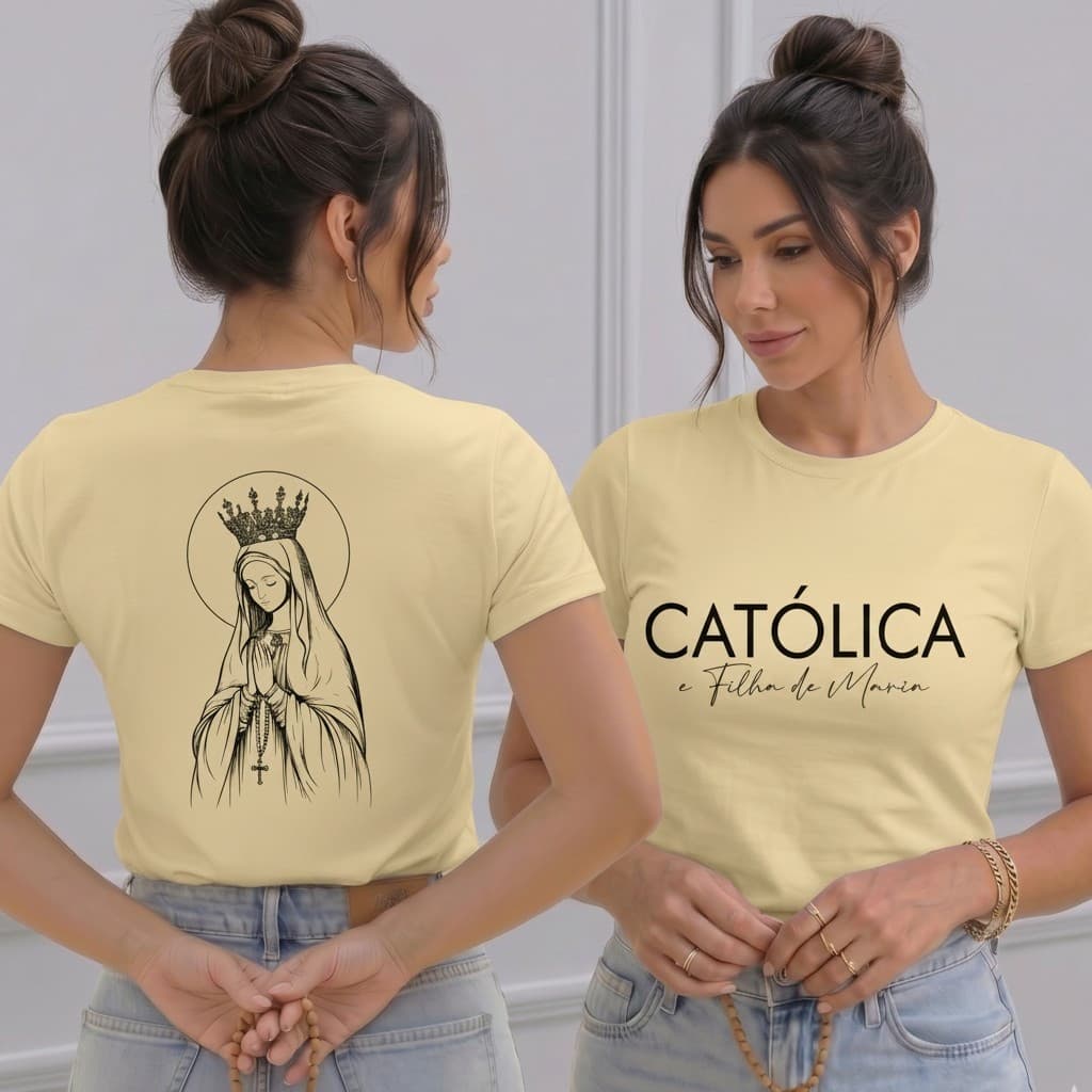 Camiseta Babylook T-Shirt Feminina Católica Filha de Maria Algodão