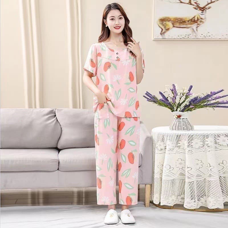 Mães idosas de meia-idade feitas de algodão calças de manga curta Loungewear dois conjuntos de pijamas de seda de algodã