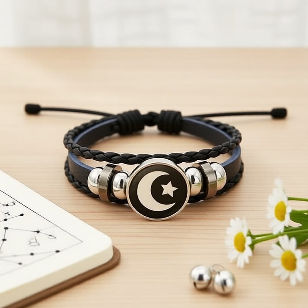 Pulseira De Couro Trançado De Casal Com Pedra Da Lua Luminosa , Presente Para Namorado/Namorada , Dia Dos Namorados , An