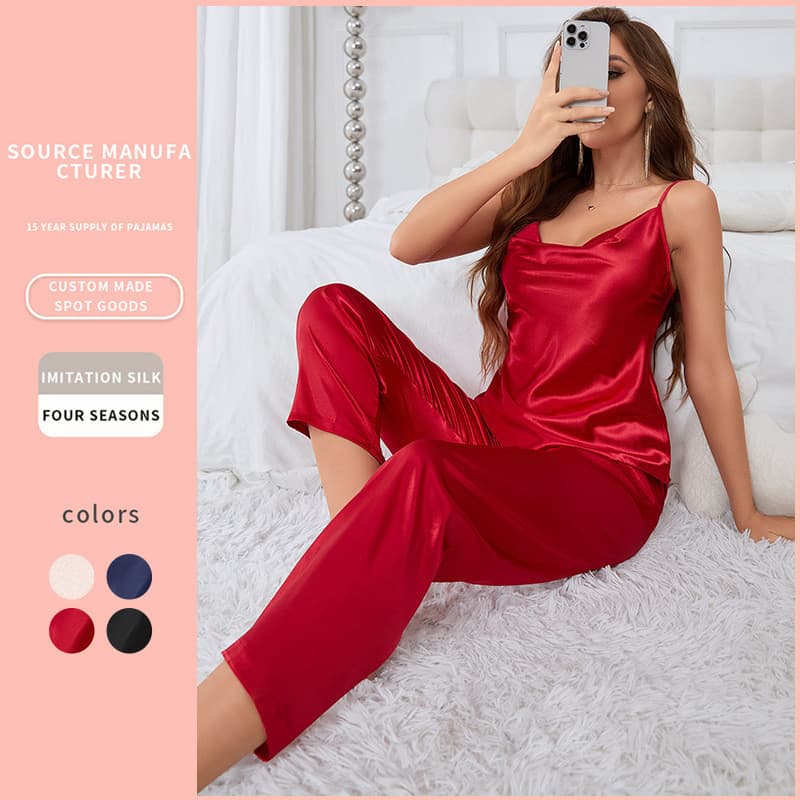Primavera verão Casual seda sem mangas roupas casa suspensórios calças terno de duas peças moda luz confortável senhoras