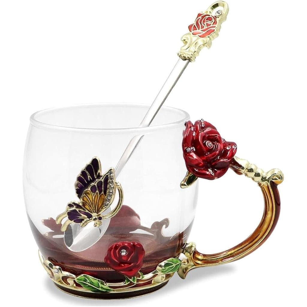 Xícara de Chá com Esmalte de Borboleta e Flor, Canecas de Café de Vidro com Colher, Presentes para Aniversário, Dia dos