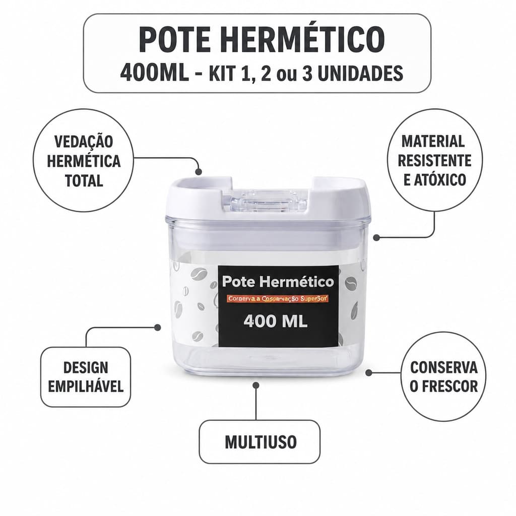 Pote Hermético 400ml Transparente - Kit 1, 2 ou 3 Unidades Vedação Total