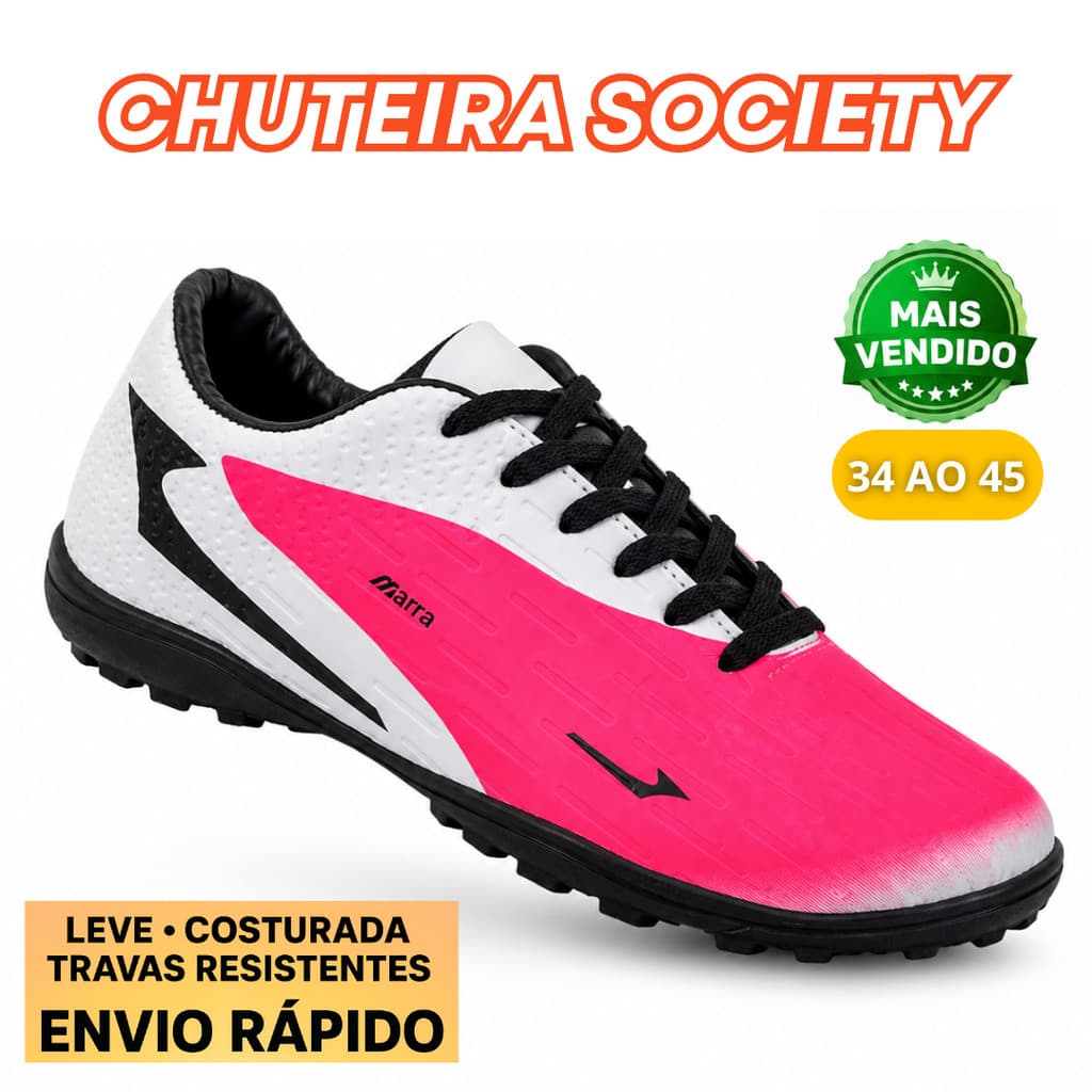 Chuteira Society Masculina Pink Grava Sintética Trava Antiderrapante Confortável Reforçada Costurada
