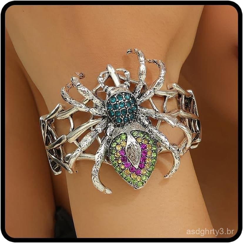Pulseira de Aranha de Halloween para Mulheres, Bracelete Grosso e Prateado com Teia de Aranha, Pulseira Brilhante