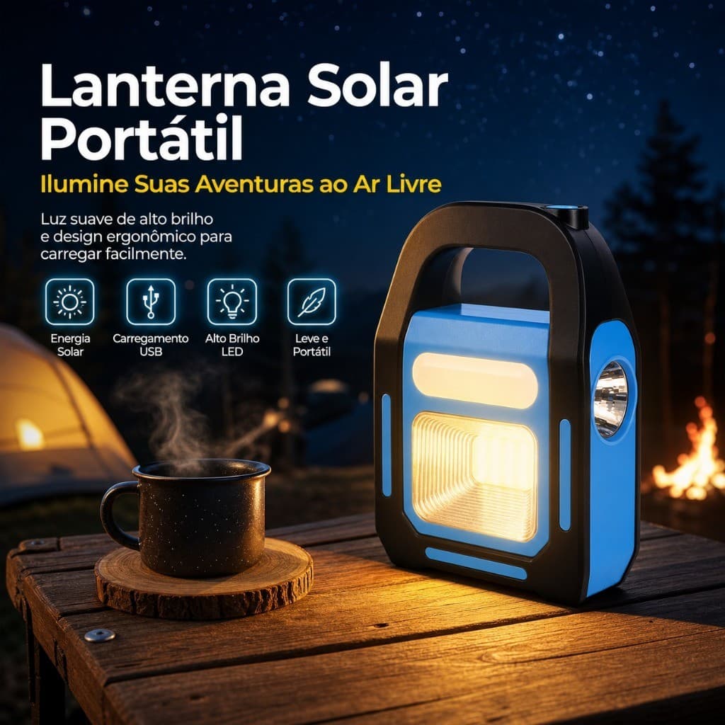 Lanterna Solar Portatil Lampião 3-em- 1 Auxiliar Luz Led