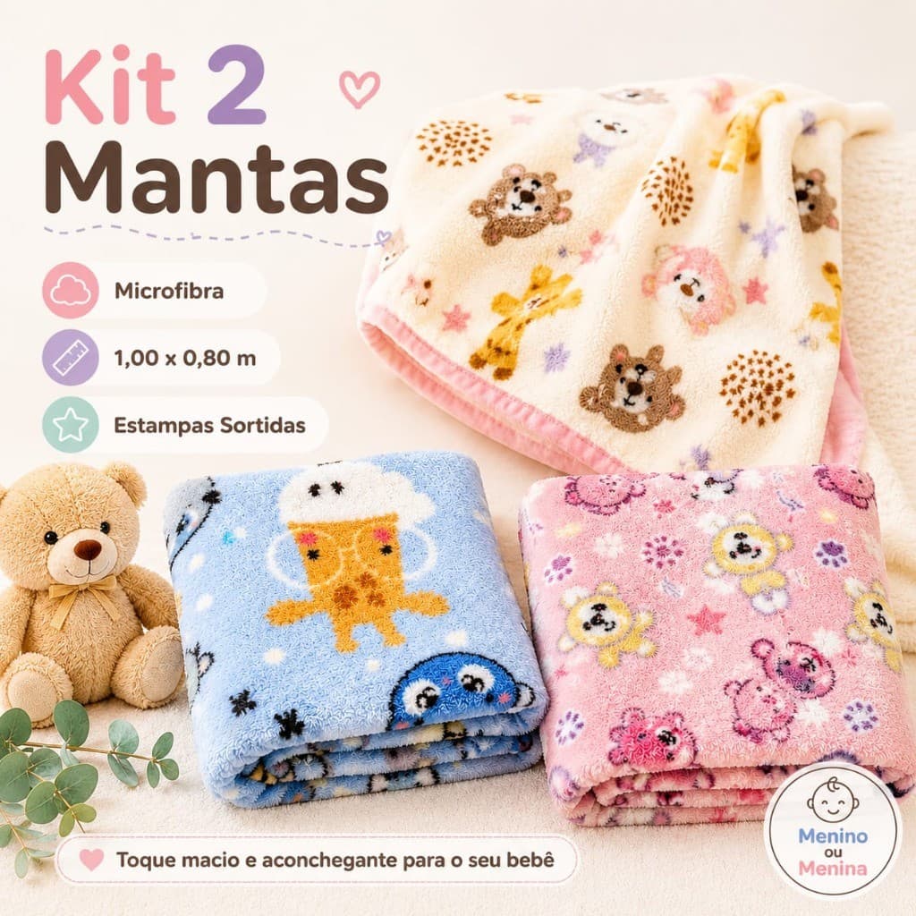 Kit 2 Mantas Cobertor para Bebe Menino ou Menina estampado