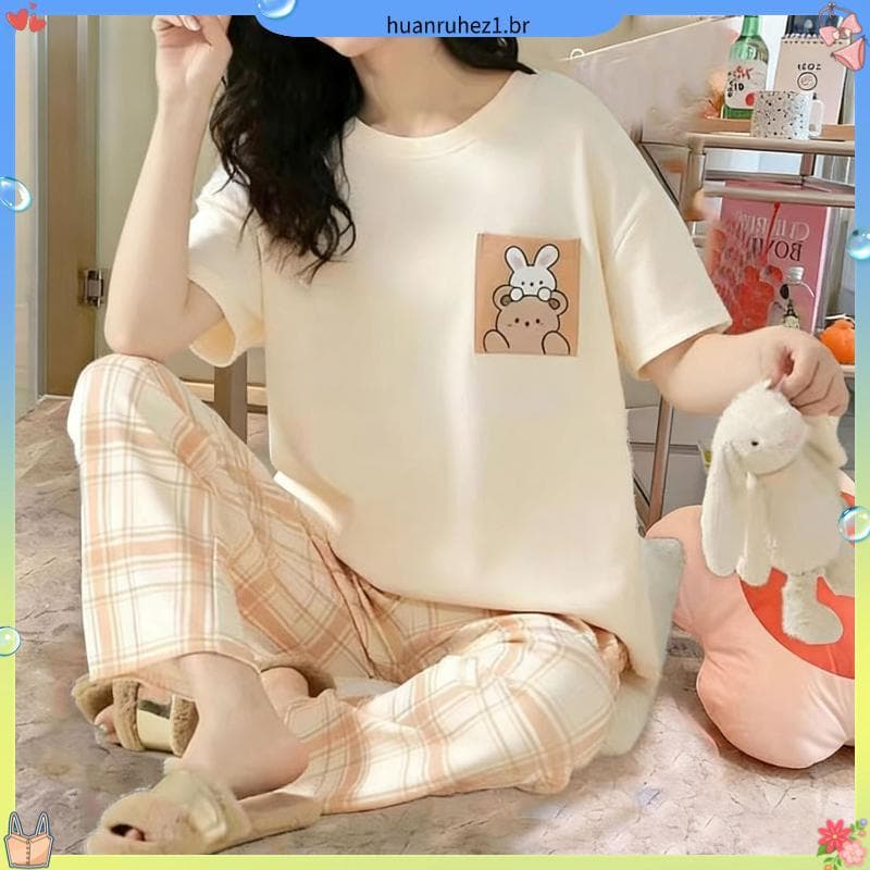 Pijamas femininos verão calças de manga curta 2026 novo estilo versão coreana pode usar fora dos desenhos animados Casua