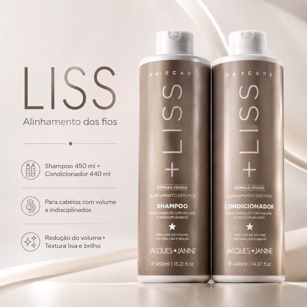 Kit Hair Care Liss Jacques Janine Shampoo Sem Sal 450ml + Condicionador Leave-in 440ml Liso Reduz Volume Brilho