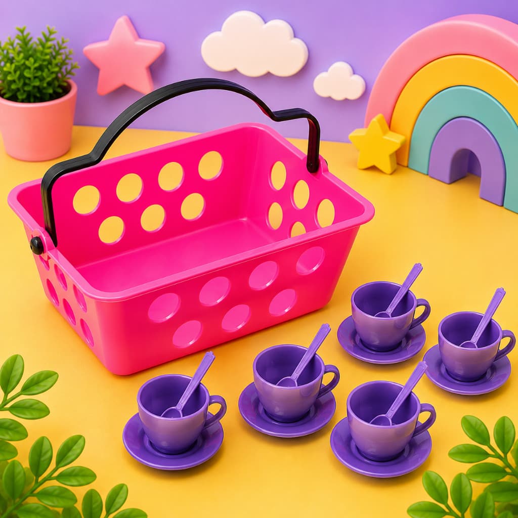 Kit Xícaras Infantil Faz De Conta Com Cestinha Brinquedo Educativo
