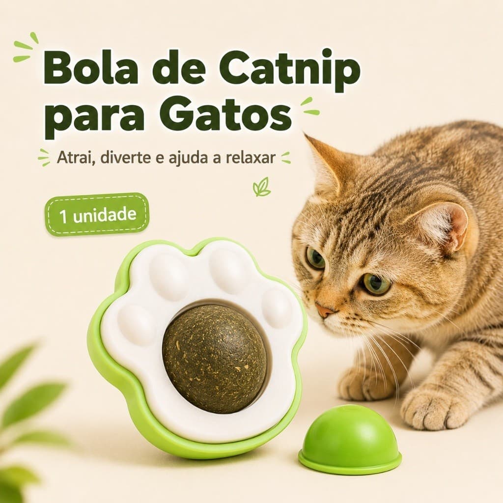 Bola de Catnip para Gatos com Suporte de Patinha e Tampa Protetora – Brinquedo Interativo para Lamber