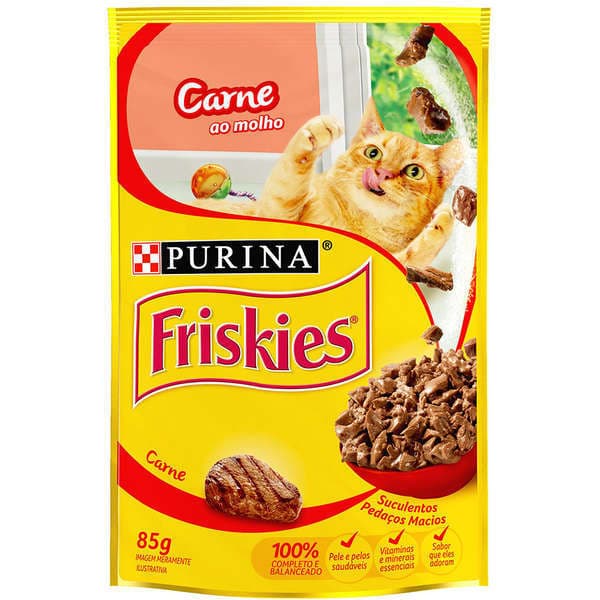 Kit com 15 Saches - Ração Úmida Friskies Gatos Adultos Carne ao Molho sache 85g - Caixa Fechada com 15 unidades