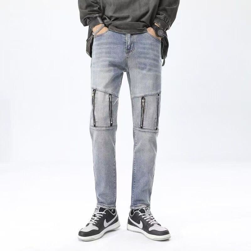 ❤Novidades❤ Primavera outono masculino americano Retro lavado High street tendência lado aberto zíper Design Jeans stree