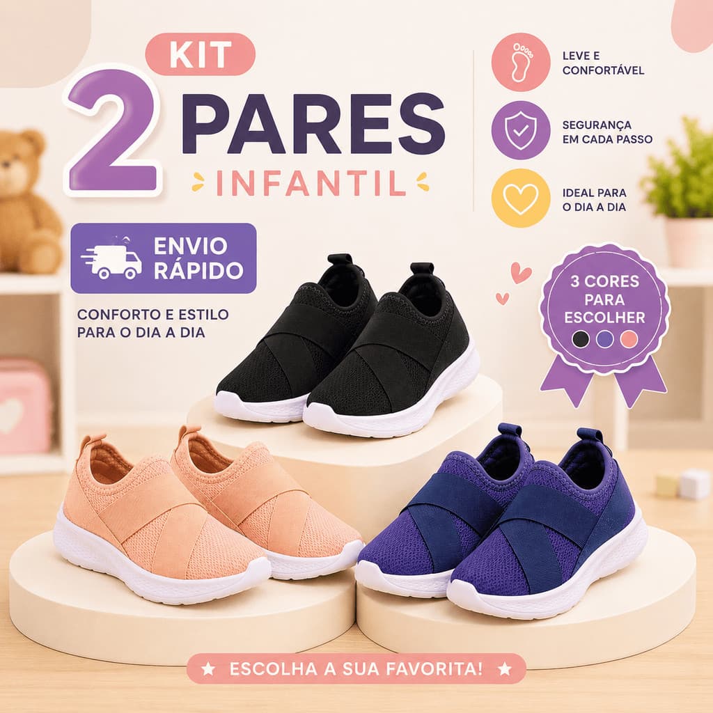 Kit 2 Pares Tênis Meia Infantil Flexível Confortável Respirável Leve Macio Calce Fácil Escolar Macio