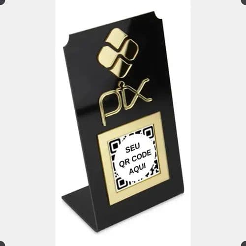 Placa Pix Qr Code Display Para Pagamentos Acrílico Preto Cor Preto E Dourado Plaquinha Balcão Loja Comércio
