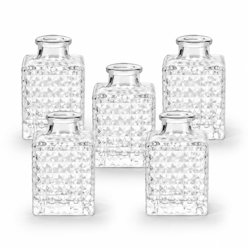 Kit 5 Mini Vasos Decorativos de Vidro Transparente com Relevo Geométrico 9 cm