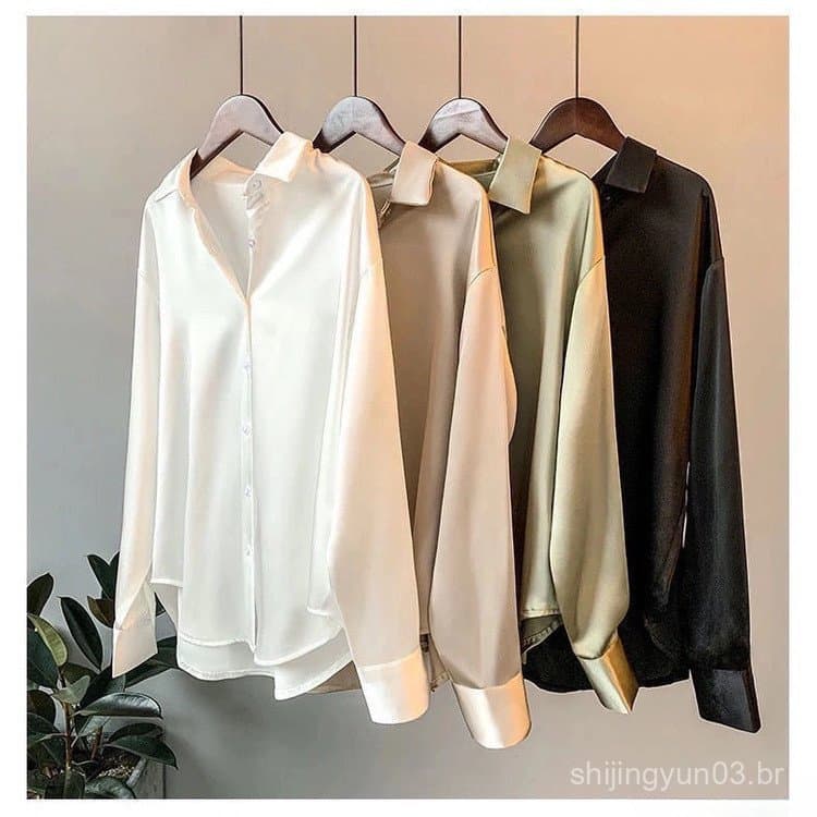 Camisa Feminina de Cetim de Manga Longa 2022/ Solta/ Retrô/ Simples/ Casual/ Cor Sólida/ Combinação Universal HIBL JREC