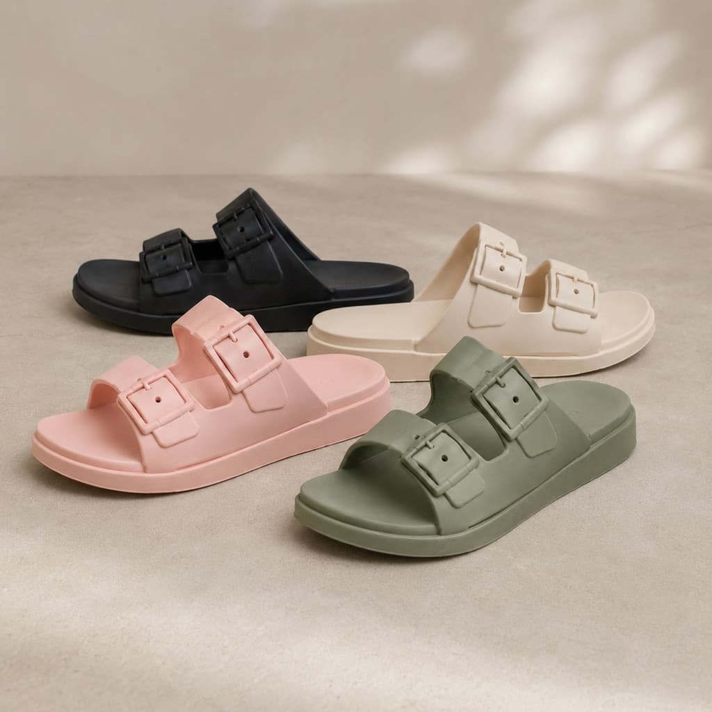 Papete Feminina Slide Casual Tiras Largas Detalhe Fivelas Frontais