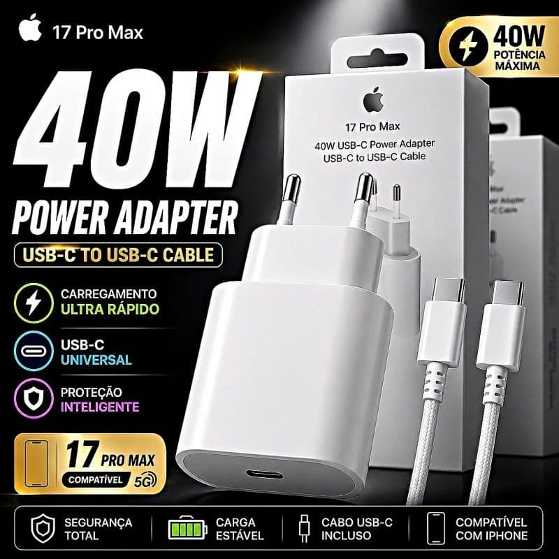 Carregador Turbo 17 Pro Max 40W USB-C Power Delivery com Cabo Tipo-C iPhone 17 16 15 iPad
