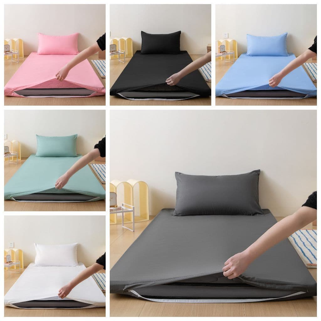 Conjunto De Lençóis Com Zíper De Cor Sólida 2/3 Em 1 Cadar Katil Zip Sarung Tilam Berzip Bujang Capa De Colchão De Espum