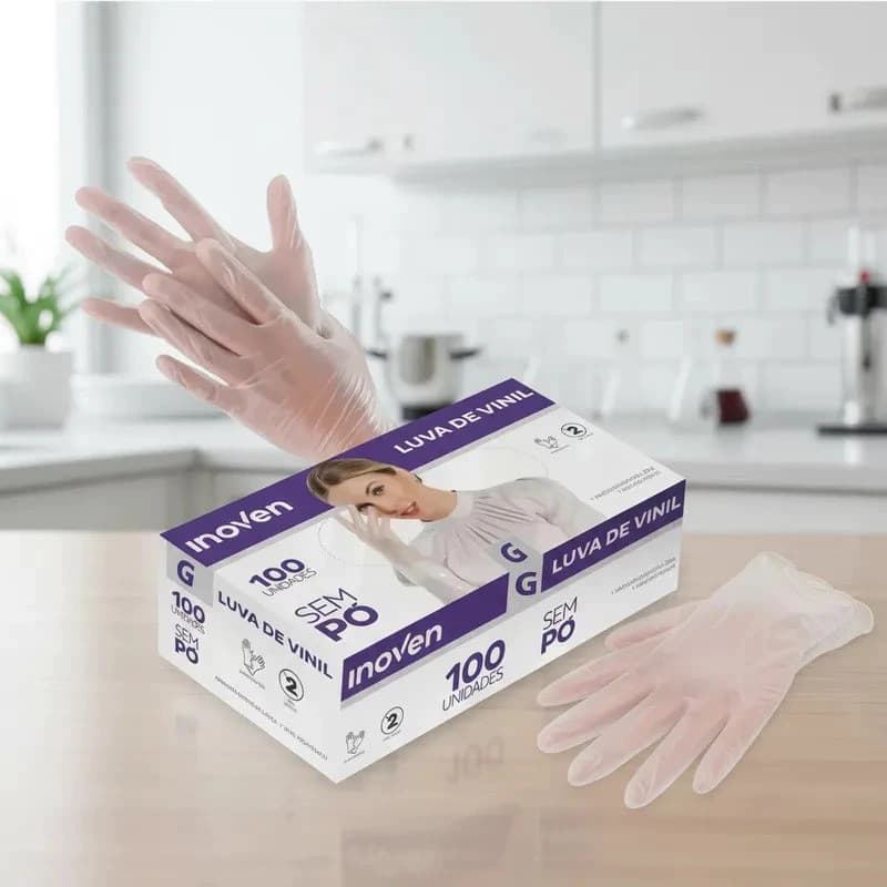 Luva De Vinil Inoven Descartável Sem Pó Transparente/Branca - Escolha 100 ou 200 Unidades Tamanho G
