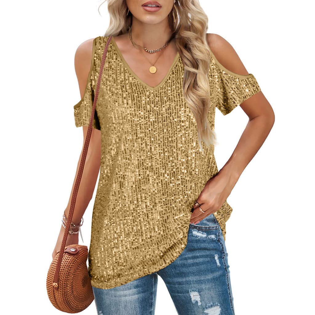 OM10242 Europa América Amazon Cross-Border Verão Moda Feminina Confortável Solto Decote Em V Lantejoulas Curto @-